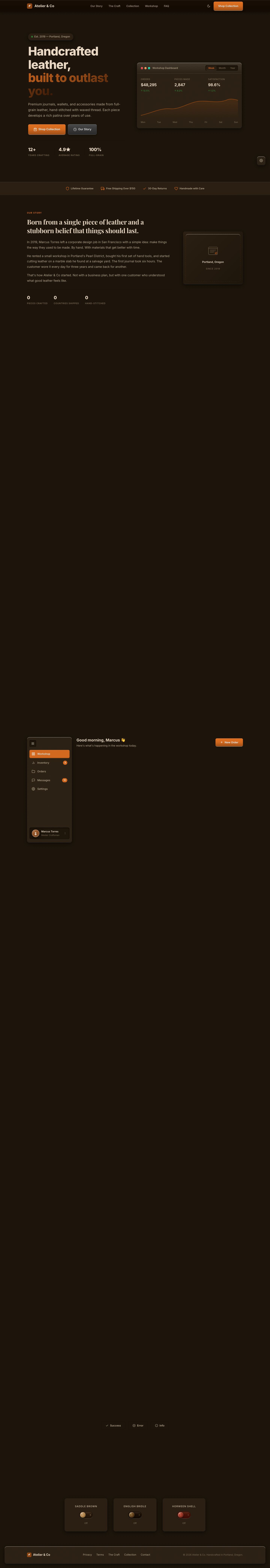 ATELIER & CO website — skeuomorphic leather goods brand with tactile material textures